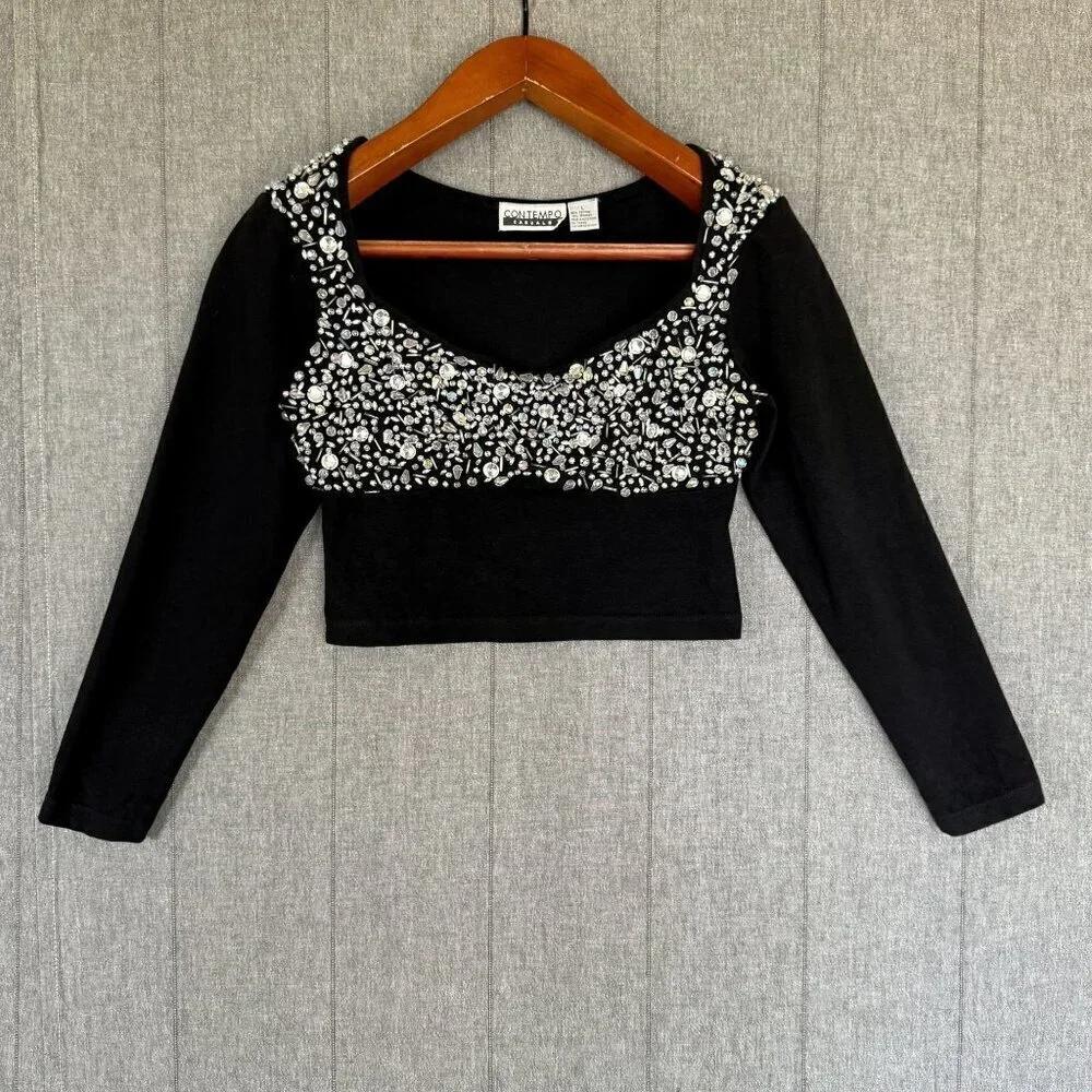 80s Rare Vintage Contempo Casuals Beaded Bust Black Long Sleeve Crop Top Size M
